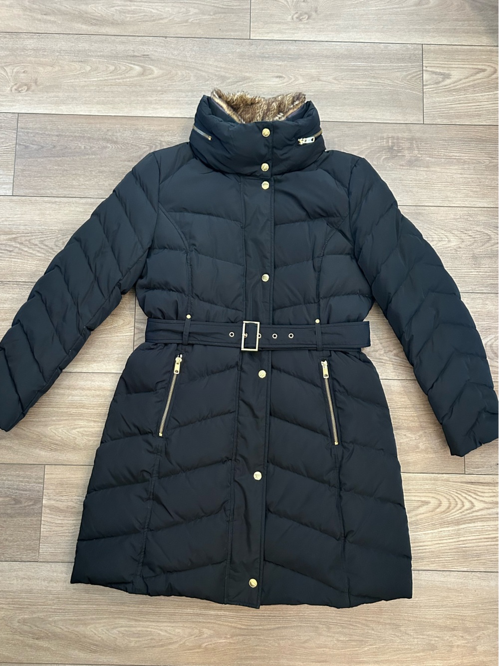 Cole Haan Signature L Black Down Puffer Coat Faux Fur Hood Belted